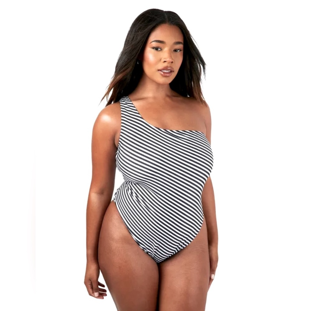 NWT Niptuck Swim blue stripe one shoulder swimsuit size US6